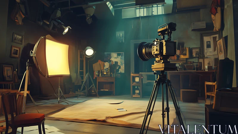 Cinematic studio corner where vintage cameras chase sunlight.