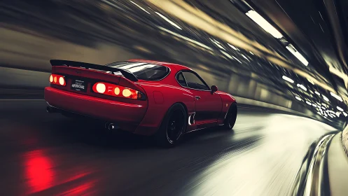 Red sports coupe moves through tunnel with motion blur