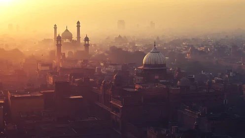 Sunlit domes and minarets emerge through atmospheric urban haze