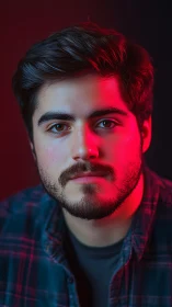 Red neon whisper carves quiet drama across a calm face