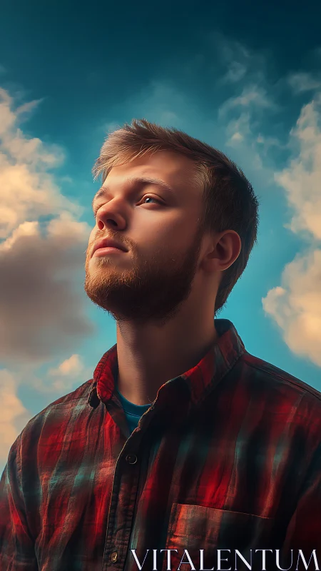 Young man in red plaid shirt gazes upward under vivid sky
