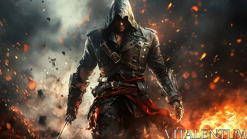 Hooded fireborn rogue strides through a storm of embers.