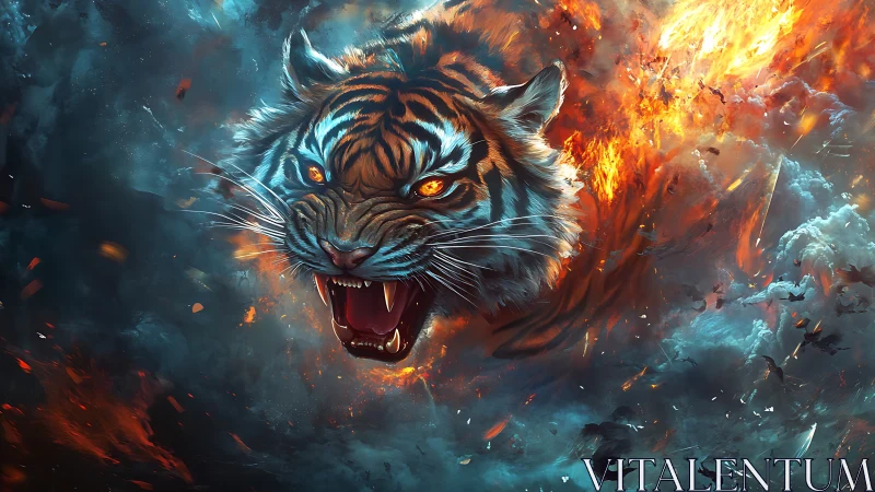 Tiger head emerges from turbulent fire and smoke field