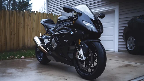 Midnight superbike waits, rain-kissed and garage-ready.