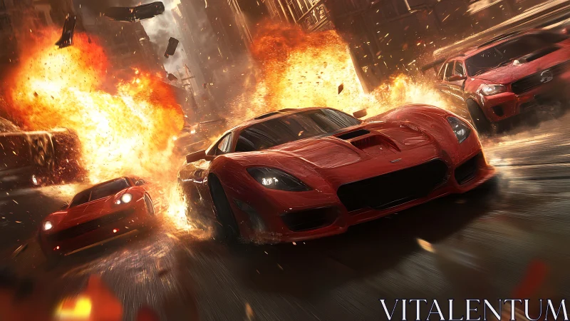 Explosive urban chase with red supercars in dynamic motion.