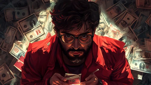 Man in red jacket holds banknotes amid floating currency