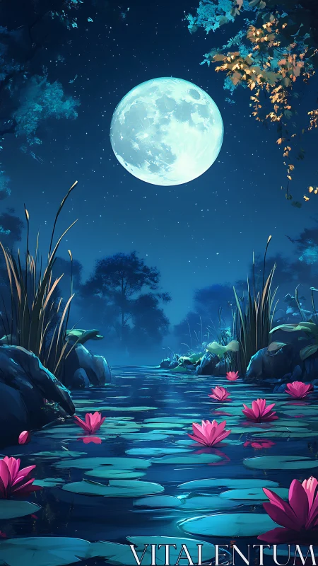 Moonlit lotus pond under deep blue nocturnal sky.