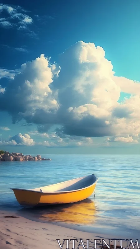 Sunny yellow rowboat resting on a calm, cloudlit shoreline.