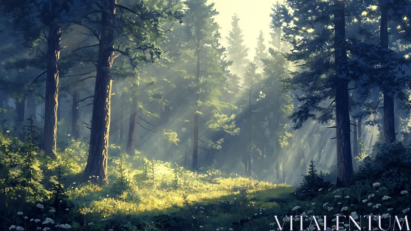 Radiant Forest Glade Illuminated by Golden Sunlight Through Ancient Conifers