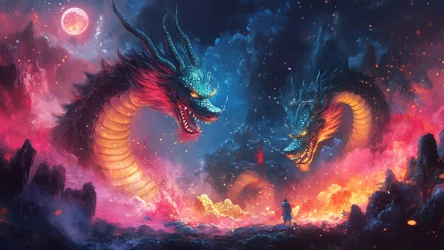 Twin storm dragons circle a lone hero in neon wildfire dusk