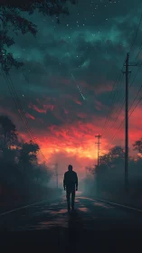 Quiet road wanderer under a glowing twilight sky.