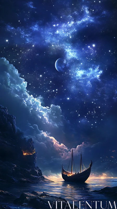 Wooden boat rests on calm shore under dense star field