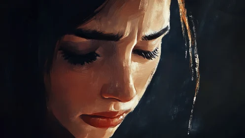 Melancholic female portrait in chiaroscuro digital strokes.