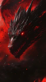 Infernal dragon head emerging through crimson volcanic storm.