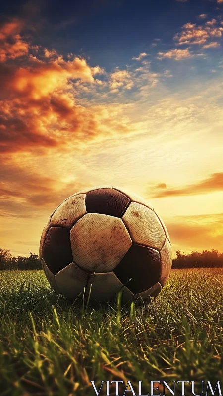 Soccer ball rests on dewy field under glowing sunset sky.