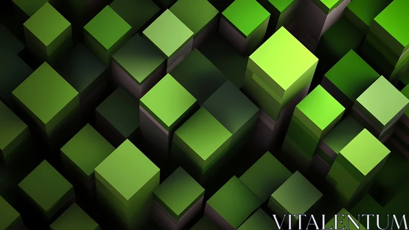 Isometric green voxel cityscape in staggered cubic elevation field.