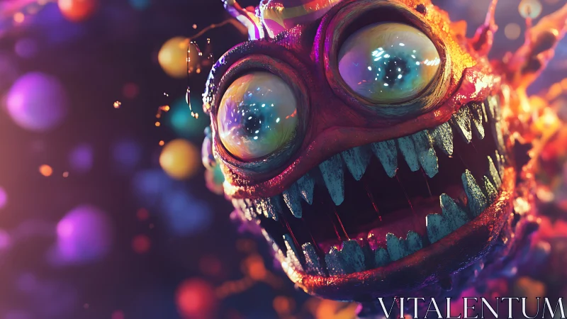 Grotesque neon monster lunges through a chaotic cosmic void