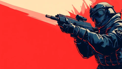 Armored tactical soldier aims rifle against bold red field.
