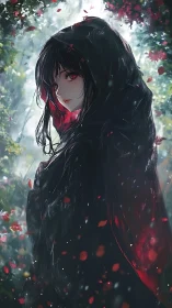 Dark cloaked anime girl amid forest light and red petals.