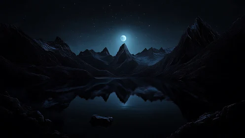 Moonlit peaks cradling a still, midnight mountain lake.
