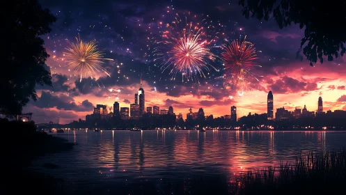 City skyline fireworks over river at vivid twilight.