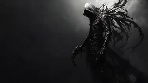 Dark hooded wraith with tattered shadowy wings poised.