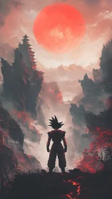 Warrior of crimson moons surveys a burning mist valley.