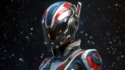 Futuristic armored robot soldier in red, white, and blue suit.
