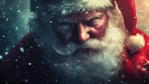 Gritty close-up of intense Santa in swirling winter snow.