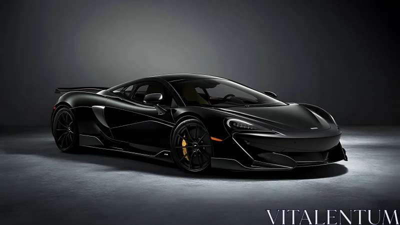 Black mid‑engine sports coupe is parked in controlled studio light