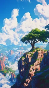 Solitary tree on cliff above layered clouded valleys.