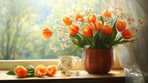 Crimson Blooms Whisper Spring Through Woven Warmth.