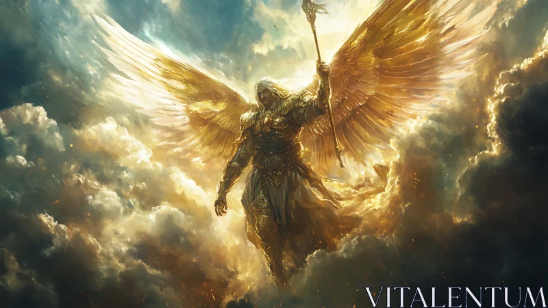 Radiant warborn seraph strides through thunder-gilded heavens.
