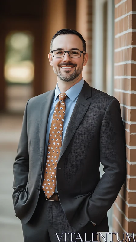 Confident professional stands relaxed in a warm outdoor corridor