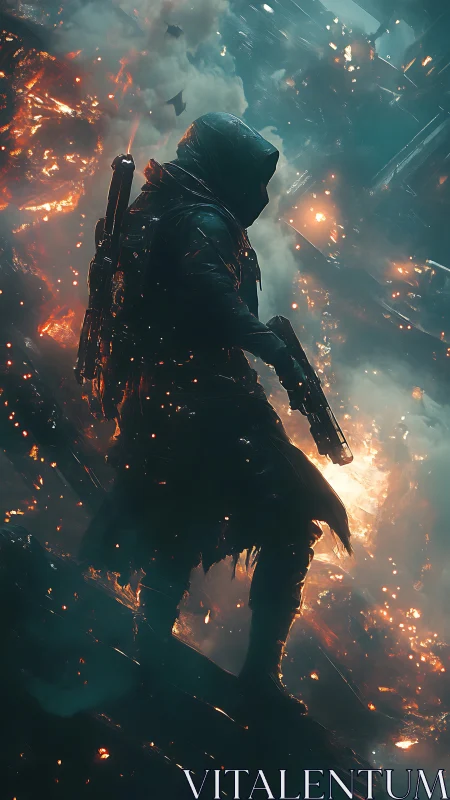 Armored hooded operative surveys burning sci-fi ruin in silhouette