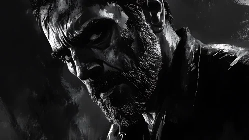 Stormlit brooding face carved from midnight brushstrokes.