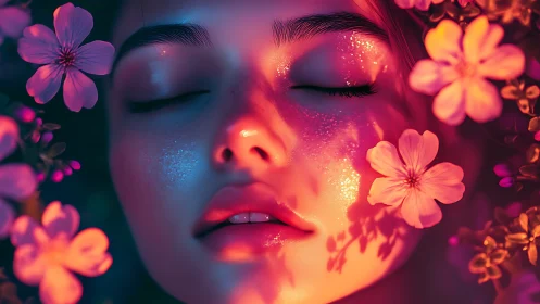 Neon floral portrait with iridescent skin glow in close-up focus.