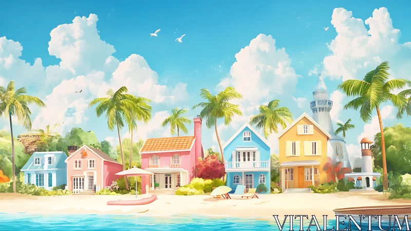 Colorful seaside cottages glow under bright tropical skies.
