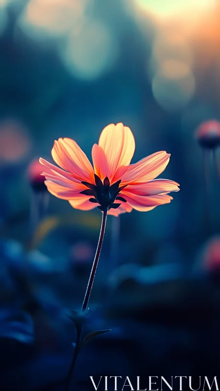 Pink Cosmos Flower Against Blurred Blue Background Setting