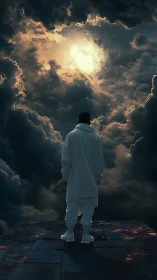 Solitary figure on platform beneath luminous storm clouds.