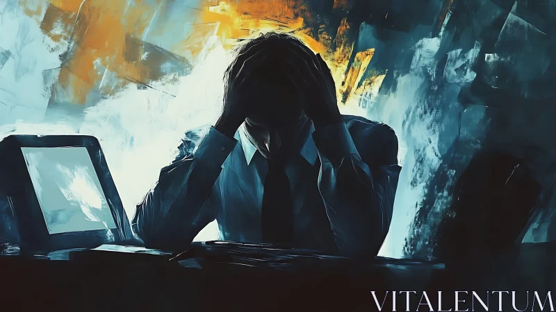 Shattered office mind beneath a storm of digital burnout.