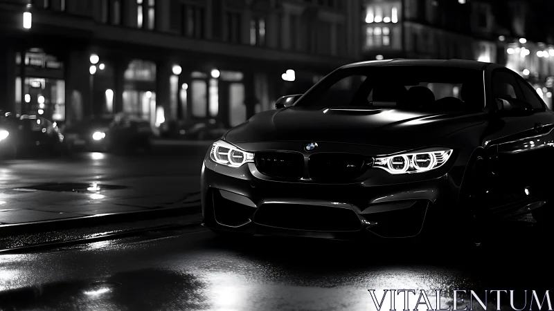 Midnight BMW coupe prowls neon streets in glossy noir hush.
