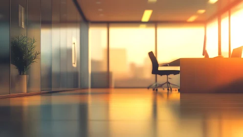 Modern Office at Sunset with Golden Ambient Light