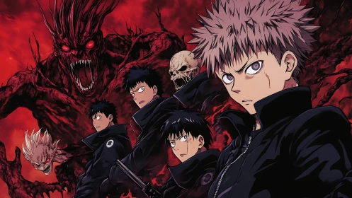 Four anime fighters confront giant demonic monster in red hell