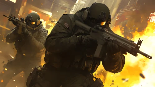 Tactical operators advancing through urban blast zone digital painting.