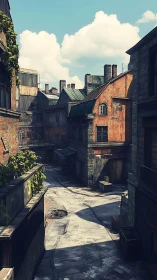 Sunlit industrial alleyway between weathered brick blocks.