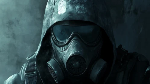 Post-apocalyptic respirator operative in tactical hooded gear.