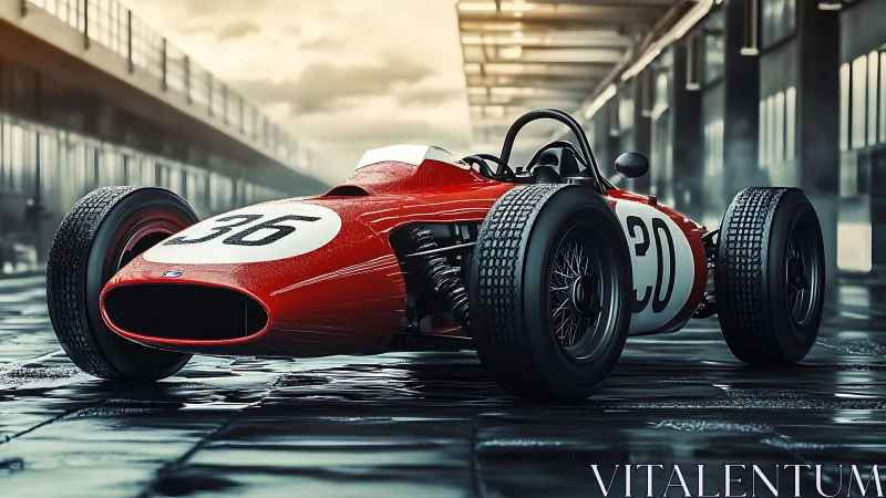 Mid‑century red Formula racing car in wet pit lane lighting