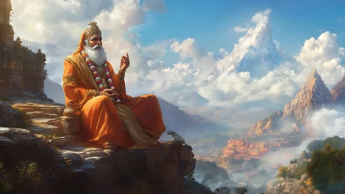 Himalayan sage in saffron robes overlooking mythic mountain valley