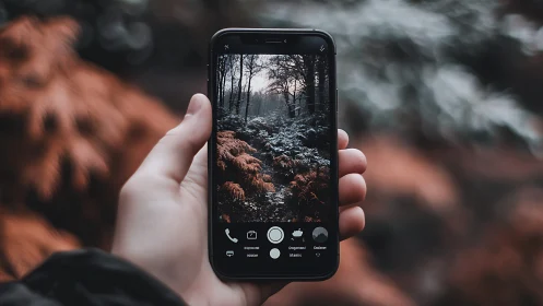 Smartphone Capturing Moody Forest Landscape in Real Time.